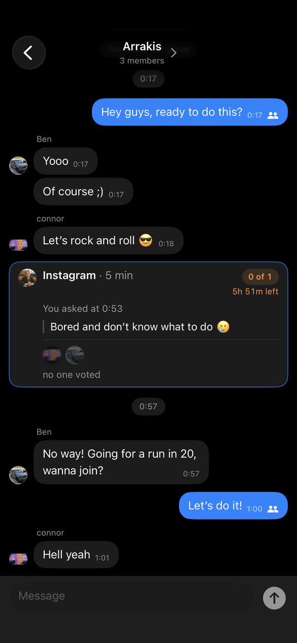 Group chat with a pending extension request for Instagram: 5 minutes, 0 of 1 votes, 5 hours 51 minutes left, reason “Bored and don't know what to do”.